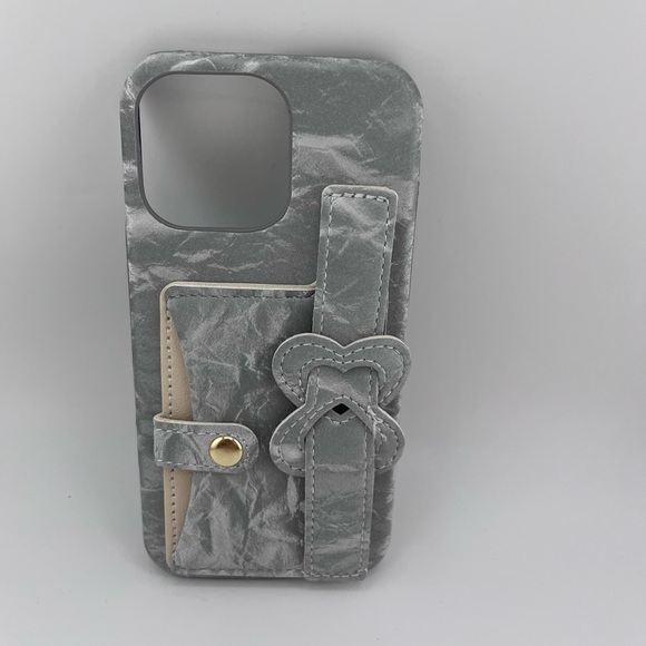 iPhone 16 Pro Max Case/Silver Gray Crinkle Texture with Bow Strap/Elegant - Picture 1 of 9